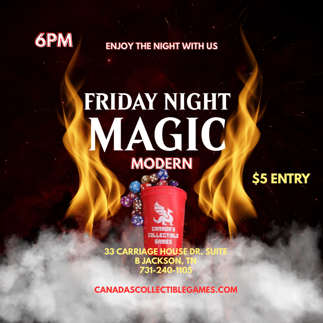 FRiday Night Magic text with fire to represent the hottness of the event