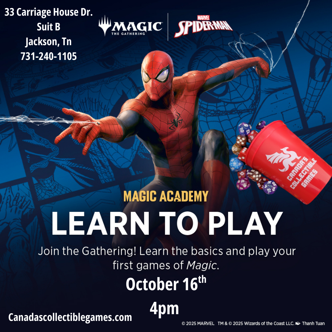 Promotional poster for Magic Academy featuring Spider-Man in his red and blue suit swinging forward against a dark blue background with web patterns. Event details show October 16th at 4pm at Canada's Collectible Games in Jackson, TN. Magic: The Gathering and Marvel Spider-Man logos appear at top, with red dice bag visible in corner.