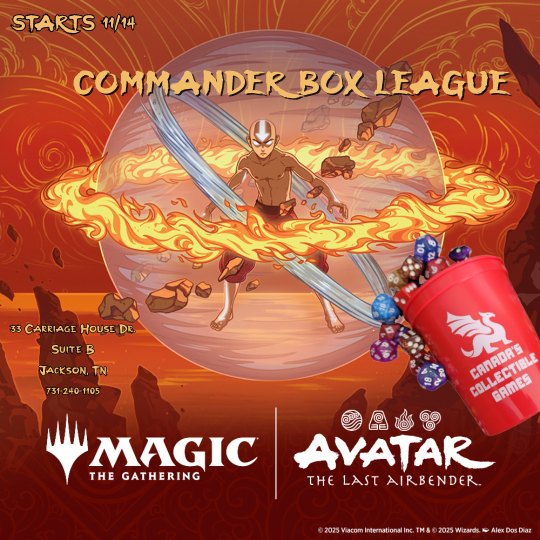 Promotional poster for Commander Box League featuring Avatar: The Last Airbender and Magic: The Gathering crossover. The image shows Aang, the Avatar, in an action pose with dual swords surrounded by swirling flames and floating rocks against an orange and red background. A red dice cup with colorful gaming dice spills out in the corner. Event details read "Starts 11/14, 33 Carriage House Dr. Suite B, Jackson, TN, 731-240-1105." The Magic: The Gathering and Avatar: The Last Airbender logos appear at the bottom with the four elemental symbols.