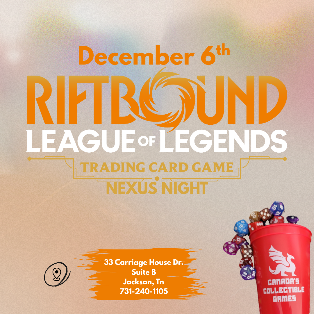Promotional poster for Riftbound League of Legends Trading Card Game Nexus Night on December 6th. Features orange and white text on a soft gradient background with the event title prominently displayed. A red cup filled with colorful gaming dice sits in the bottom right corner. Location details show 33 Carriage House Dr., Suite B, Jackson, TN, 731-240-1105, with a location pin icon on the left.