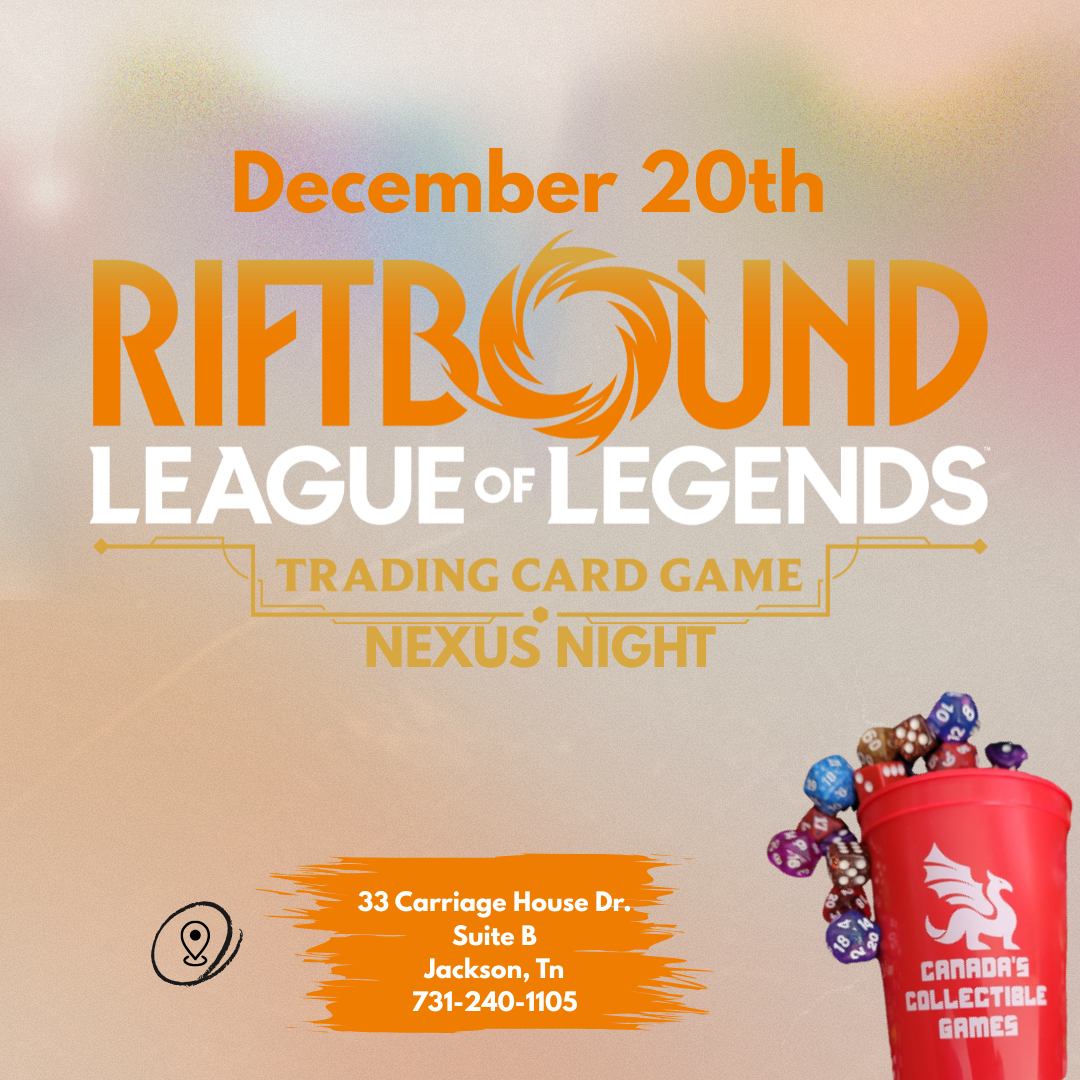 Promotional poster for Riftbound League of Legends Trading Card Game Nexus Night on December 20th at 3pm. Features orange and white text on a soft gradient background with the event title prominently displayed. A red cup filled with colorful gaming dice sits in the bottom right corner. Location details show 33 Carriage House Dr., Suite B, Jackson, TN, 731-240-1105, with a location pin icon on the left.