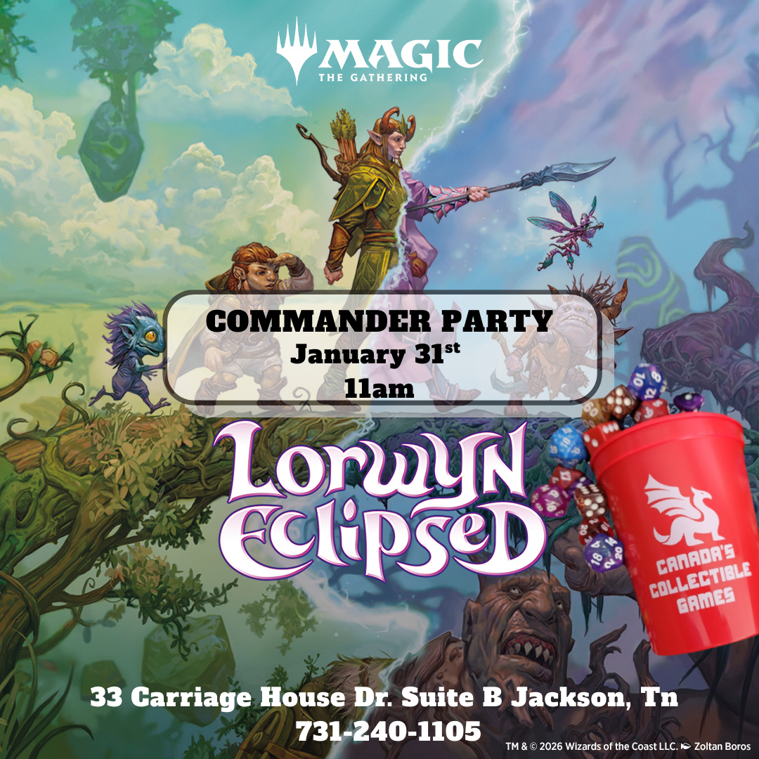Magic: The Gathering promotional image for a Commander Party event featuring colorful fantasy artwork with elves, creatures, and a whimsical Lorwyn landscape. The image displays the Magic: The Gathering logo at top, event details reading "COMMANDER PARTY January 31st 11am" in bold black text on a white banner, the Lorwyn Eclipsed set logo in stylized purple lettering, a red Canada's Collectible Games cup with dice, and venue information "33 Carriage House Dr. Suite B Jackson, TN 731-240-1105" at the bottom. The background shows a vibrant scene with clouds, magical creatures, and colorful game dice.