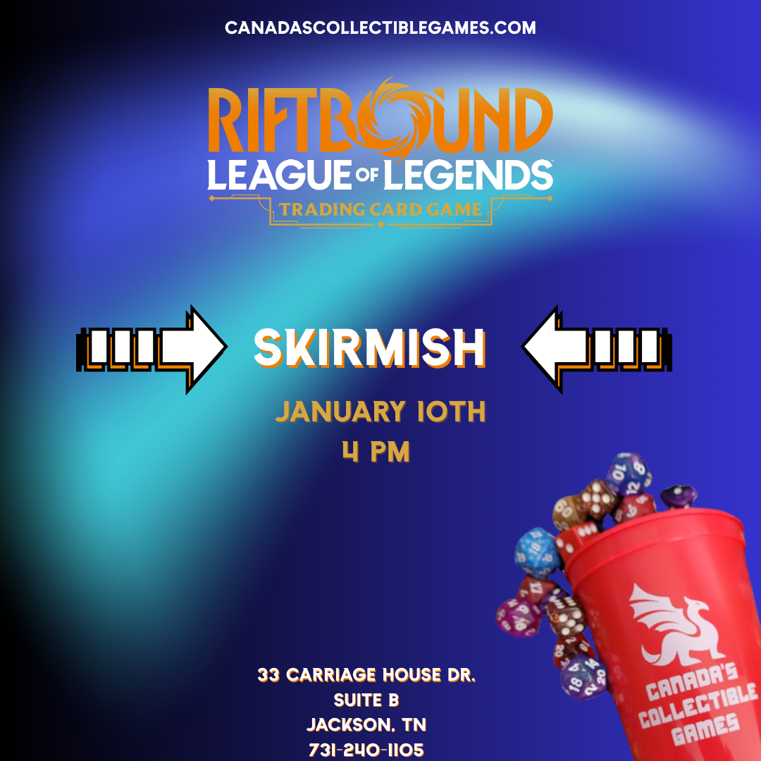 Promotional poster for Riftbound League of Legends Trading Card Game Skirmish event at Canada's Collectible Games, featuring white arrows pointing at the event name against a blue gradient background with dice spilling from a red cup
