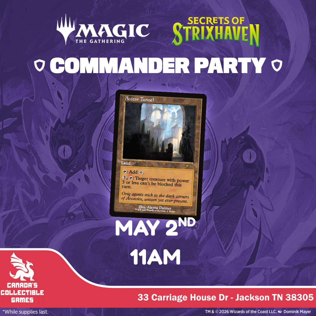 A promotional flyer for a Magic: The Gathering Commander Party event featuring the Secrets of Strixhaven set, hosted by Canada's Collectible Games in Jackson, TN on May 2nd at 11AM.
