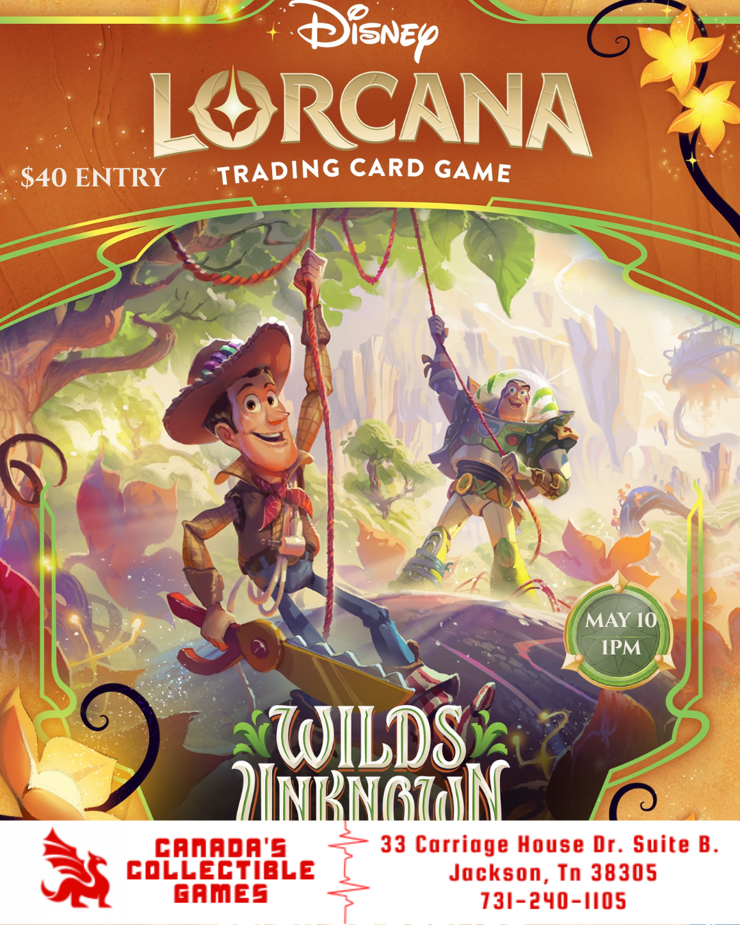Promotional flyer for the Disney Lorcana: Wilds Unknown Prerelease event at Canada's Collectible Games in Jackson, TN on May 10th at 1PM for $40 entry.