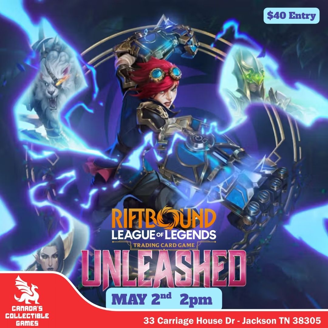 Promotional event flyer for the Riftbound: League of Legends Trading Card Game Unleashed pre-release. Features Vi from League of Legends in armored gear surrounded by blue lightning energy, with champion silhouettes in the background. Text reads: $40 Entry, May 2nd 2PM, 33 Carriage House Dr Jackson TN 38305. Canada's Collectible Games logo in the lower left.