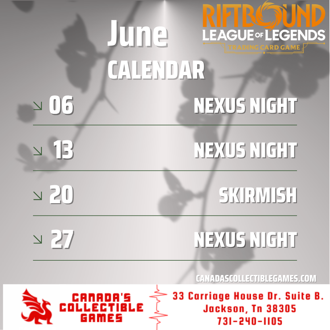 Canada's Collectible Games June 2025 Riftbound League of Legends TCG event calendar listing four dates in Jackson, TN.