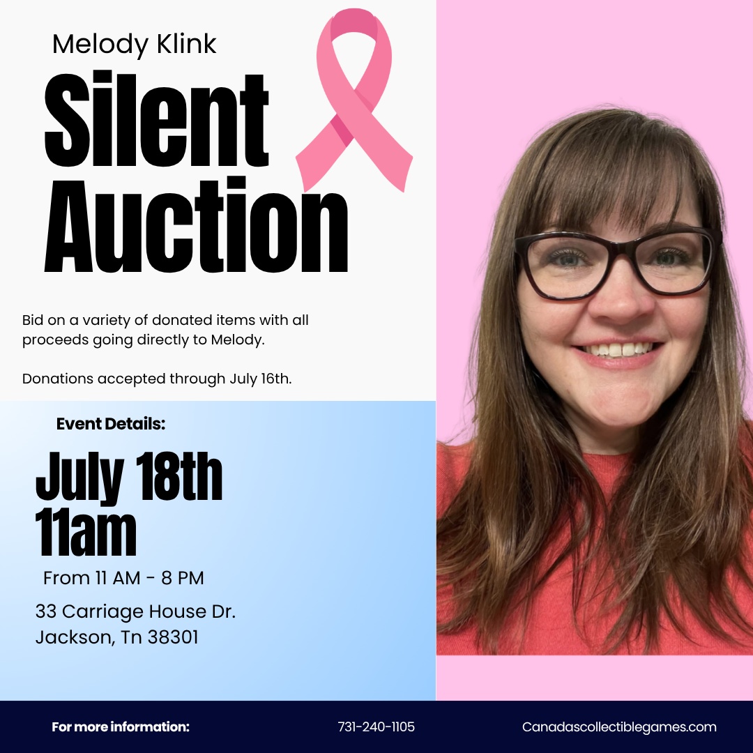 Flyer for Melody Klink's Silent Auction benefiting a breast cancer fundraiser, July 18th 11 AM–8 PM in Jackson, TN.