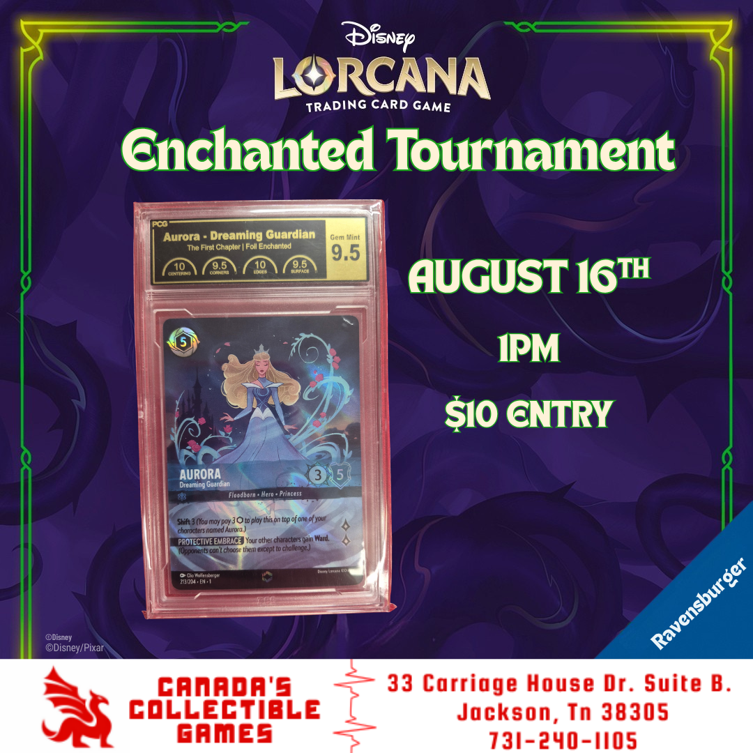 Disney Lorcana Enchanted Tournament ad for August 16th at 1 PM, $10 entry, featuring a graded Aurora Dreaming Guardian foil card in a purple enchanted forest background.