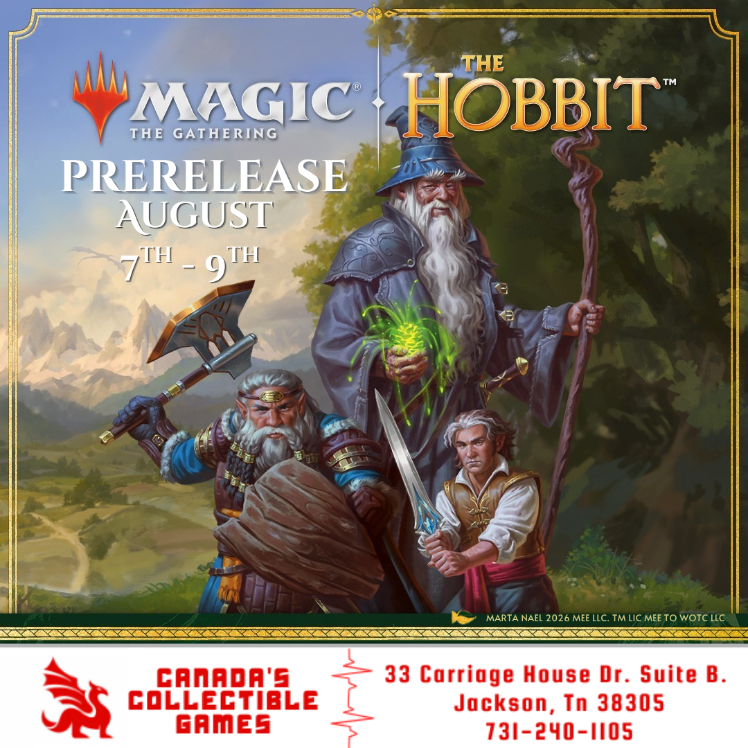 Promotional graphic for a Magic: The Gathering x The Hobbit Prerelease event at Canada's Collectible Games in Jackson, TN, featuring illustrated characters Gandalf, a dwarf warrior, and a young Bilbo Baggins standing in a Shire-like landscape, with event dates and store contact information.