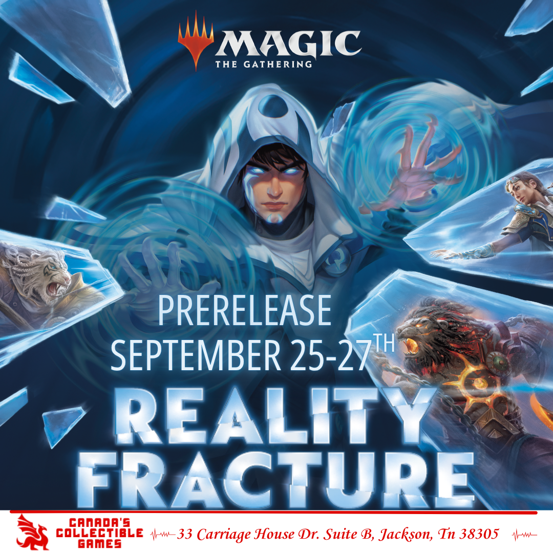 Magic: The Gathering Reality Fracture Prerelease event poster featuring a hooded planeswalker casting ice magic, surrounded by shattered crystal shards and fantasy creatures, with event details for September 25-27.